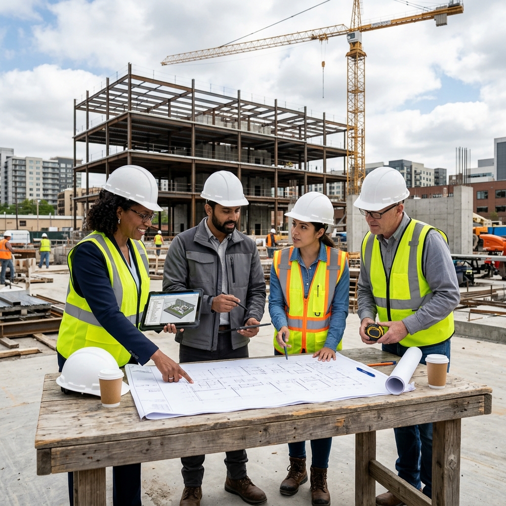 Engineering team looking at blueprints